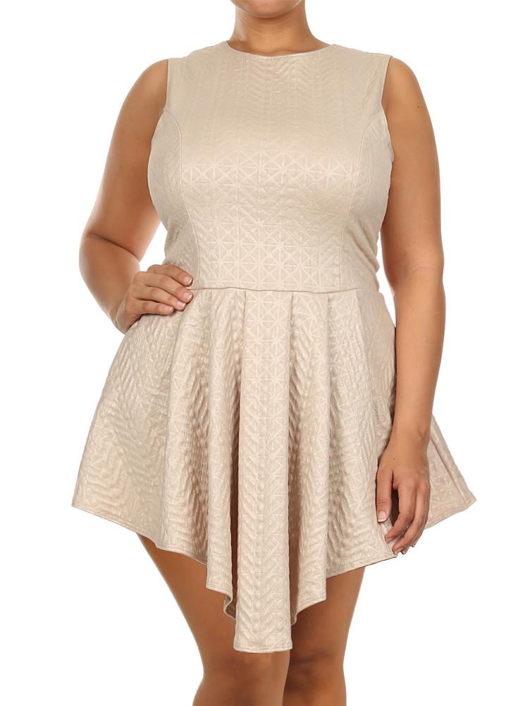 Plus Size Sleeveless Diamond Pattern Skater Tan Dress