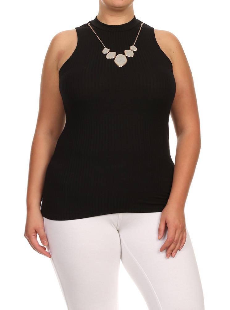 Plus Size Gem Mock Turtle Neck Ribbed Black Top