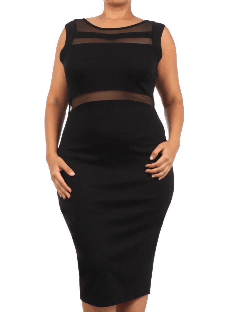 Plus Size Seductive Scuba Mesh Midi Black Dress