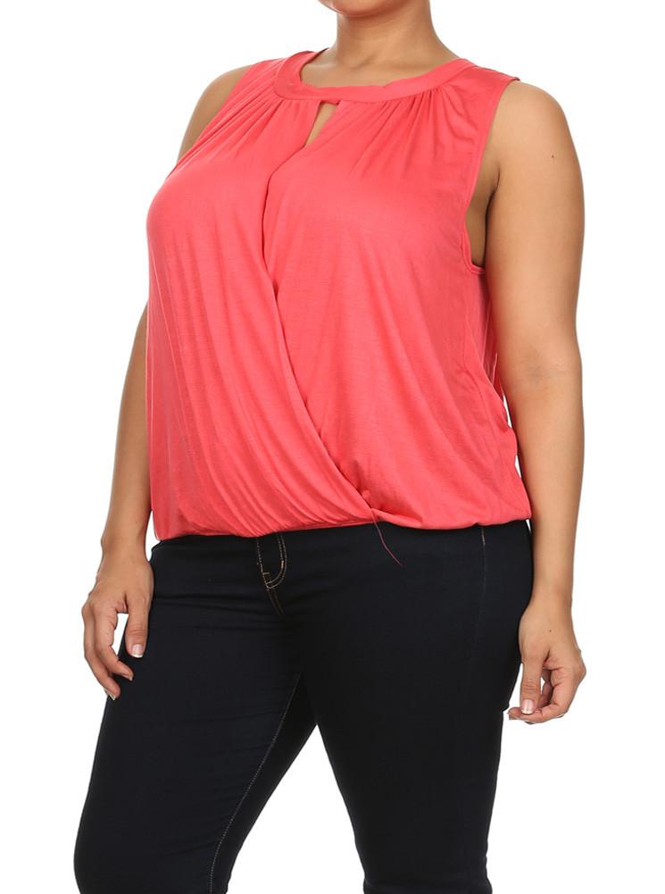 Plus Size Surplice Wrapped Coral Blouse