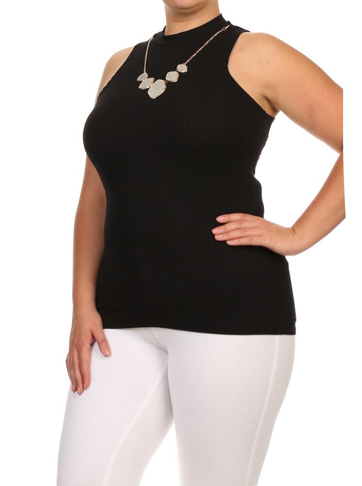 Plus Size Gem Mock Turtle Neck Ribbed Black Top