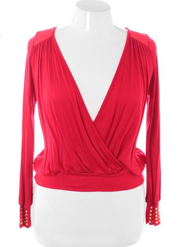 Plus Size Stylish Cropped V Neck Wrap Red Top