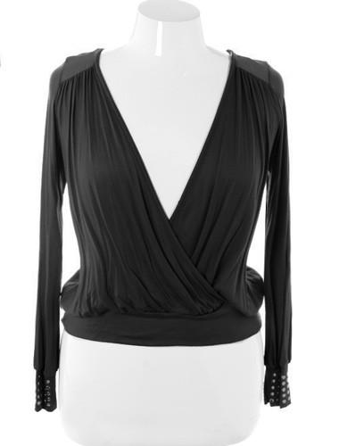 Plus Size Stylish Cropped V Neck Wrap Black Top