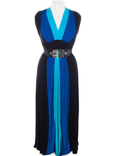 Plus Size Designer Floor Length Belted Blue Dress