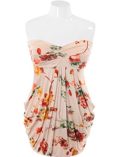 Plus Size Floral Bubble Pleated Tan Dress