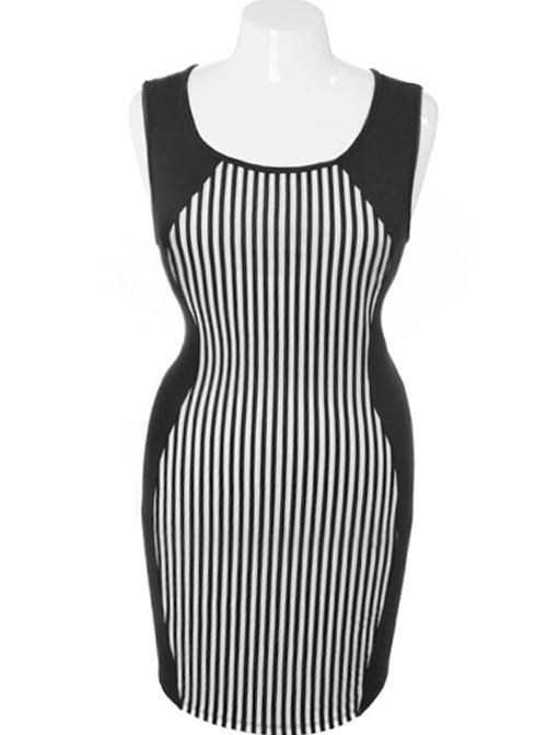Plus Size Vertical Stripe Bodycon Black Dress