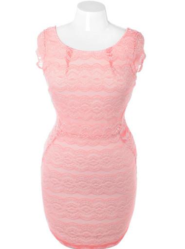 Plus Size Lace Cap Sleeve Pink Dress