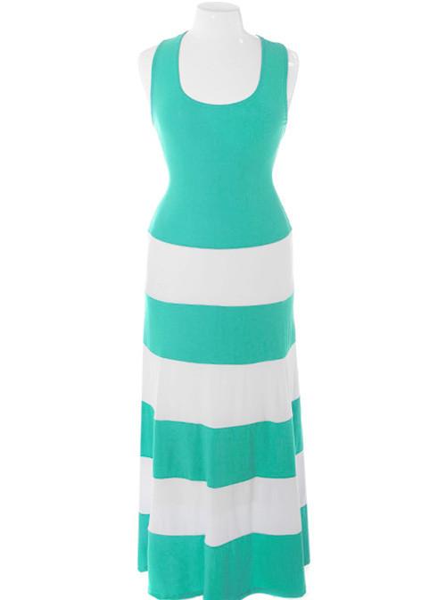 Plus Size Stripe Colorblock Teal Maxi Dress