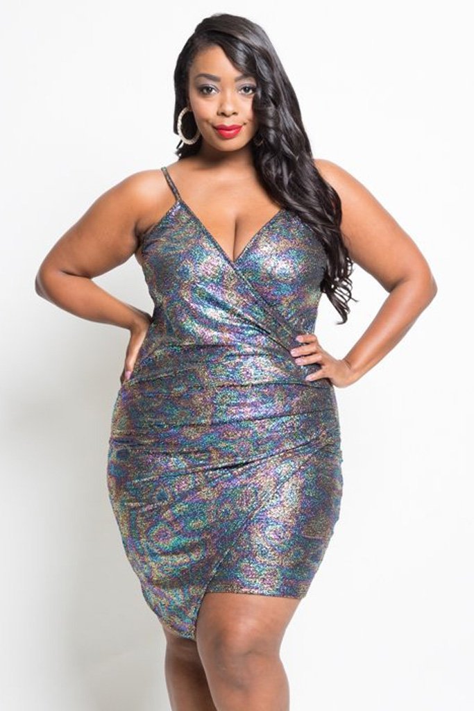 Plus Size Mesmerizing Hologram Surplice Mini Dress