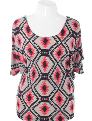 Plus Size Tribal Butterfly Sleeve Tan Top