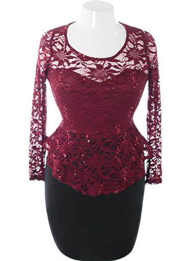 Plus Size Sexy Lace Sparkle Peplum Burgundy Dress