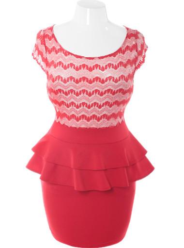 Plus Size See Through Cap Sleeve Peplum Red Dress