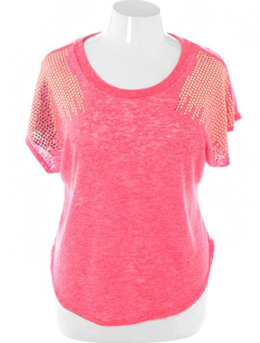 Plus Size Sexy Crop Sparkling Shoulder Pink Top