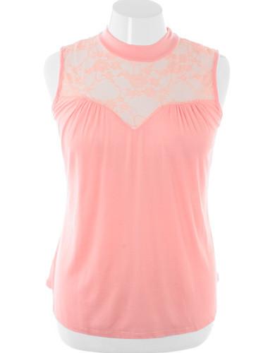 Plus Size See Through Lace Sleeveless Pink Blouse