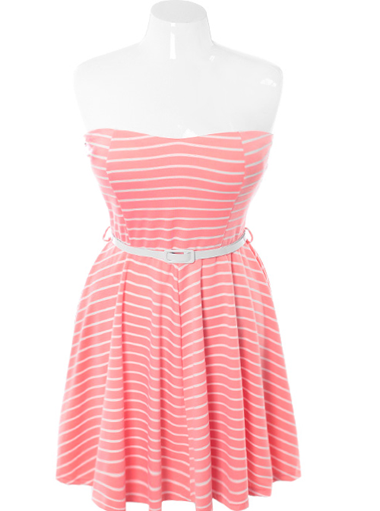 Plus Size Belted Stripe Tube Pink Dress