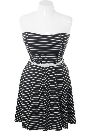 Plus Size Belted Stripe Tube Black Dress