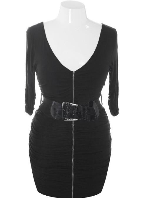 Plus Size Sexy Belted Zip Up Black Dress