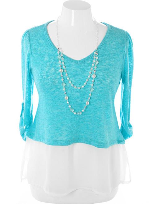 Plus Size Layered Knit Jewelry Teal Top