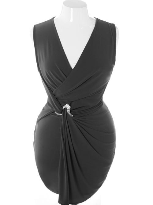 Plus Size Designer Sleeveless Pin Wrap Black Dress