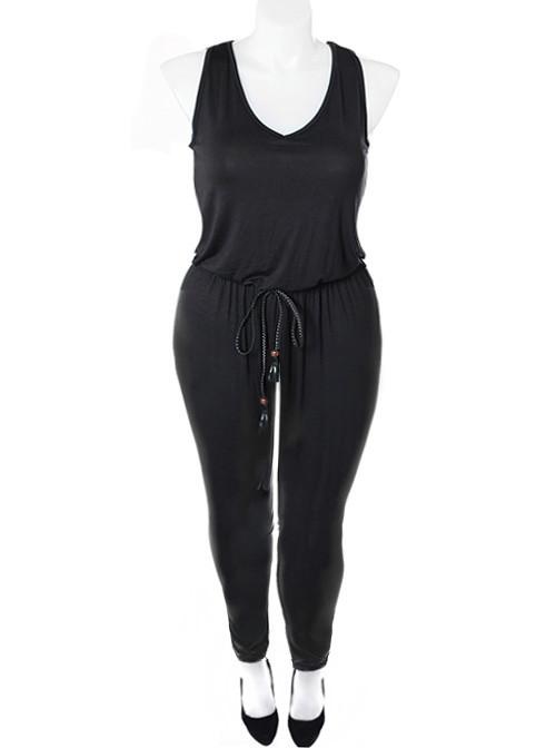 Plus Size Sexy Black Belted Jumpsuit