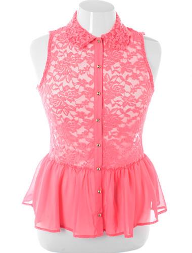 Plus Size See Through Lace Peplum Pink Button Up