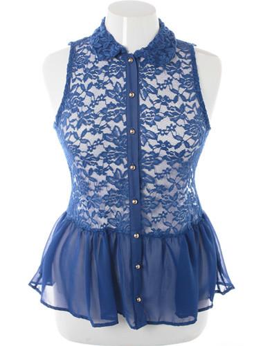 Plus Size See Through Lace Peplum Blue Button Up