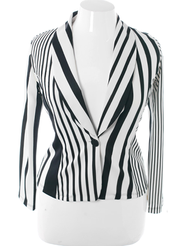 Plus Size Stylish Striped Fitted White Blazer