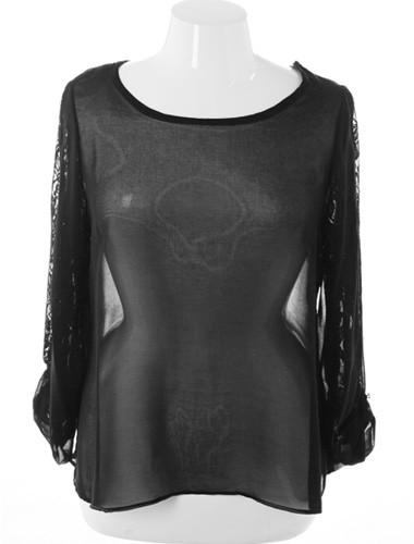 Plus Size See Through Long Sleeve Black Top