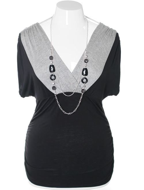 Plus Size Gathered Necklace Grey Blouse