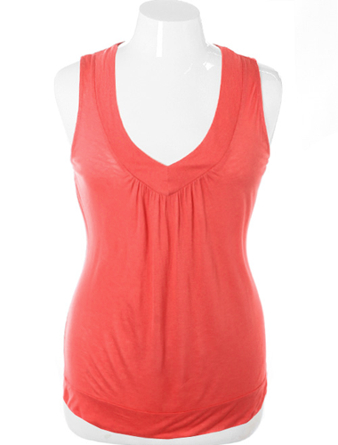 Plus Size Lace Back V Neck Coral Top