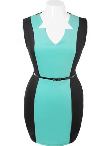 Plus Size Bodycon Sleeveless Belted Teal Dress