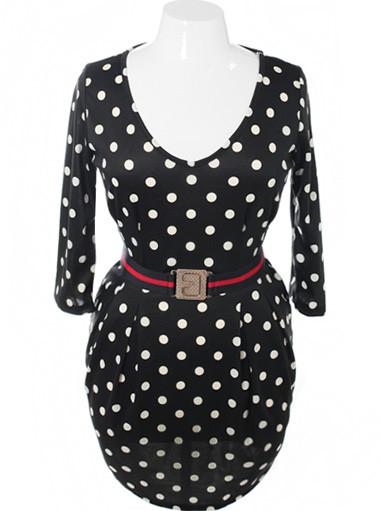 Plus Size Polka Dot Belted Pleated Black Dress