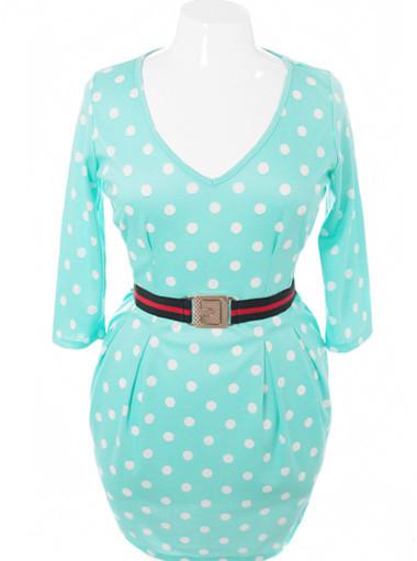 Plus Size Polka Dot Belted Pleated Mint Dress