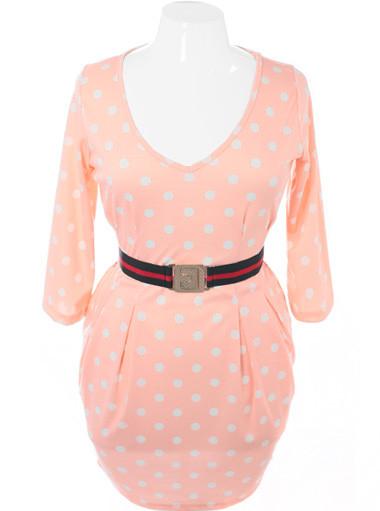Plus Size Polka Dot Belted Pleated Peach Dress