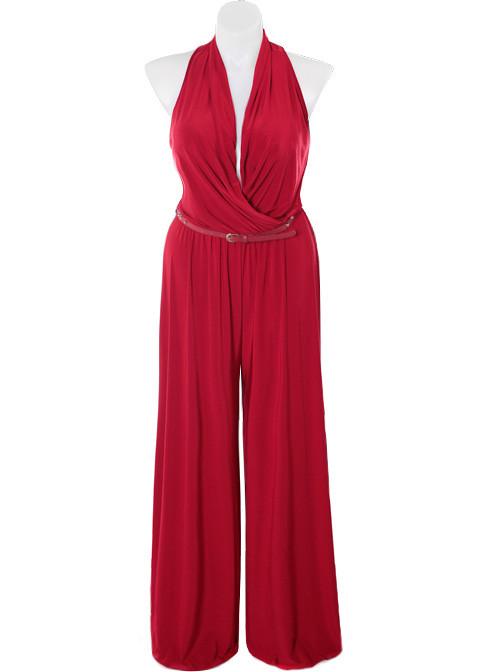 Plus Size Designer Drape Neck Red Jumpsuit