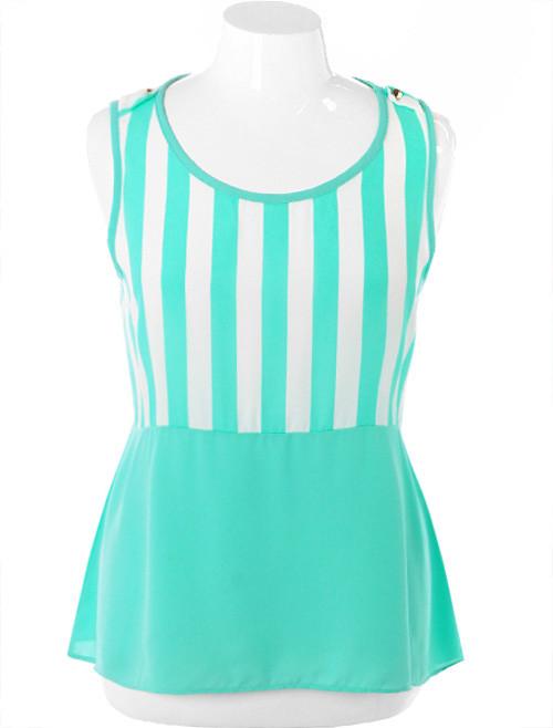 Plus Size Loose Sheer Stripe Mint Top