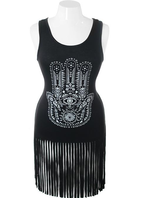Plus Size Unique Aztec Fringe Black Dress