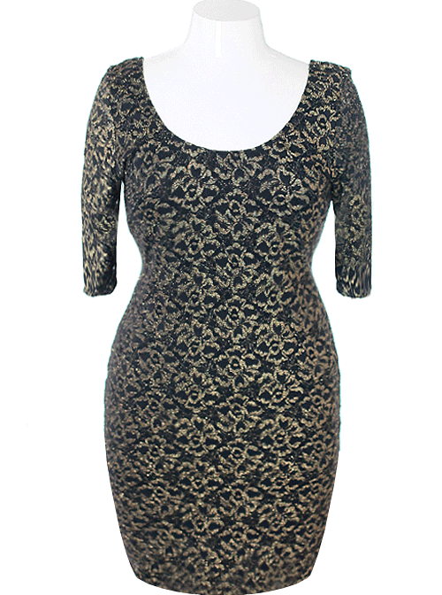 Plus Size Sparkling Bodycon Floral Gold Dress