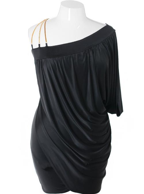 Plus Size Silky One Shoulder Black Dress