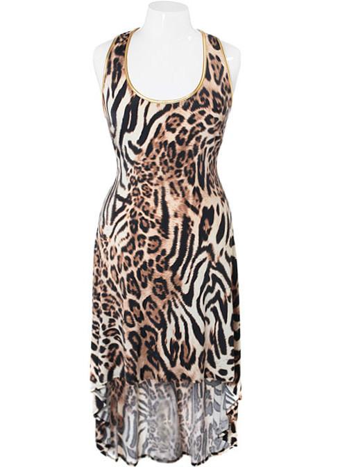 Plus Size Dip Hem Leopard Gold Trim Dress