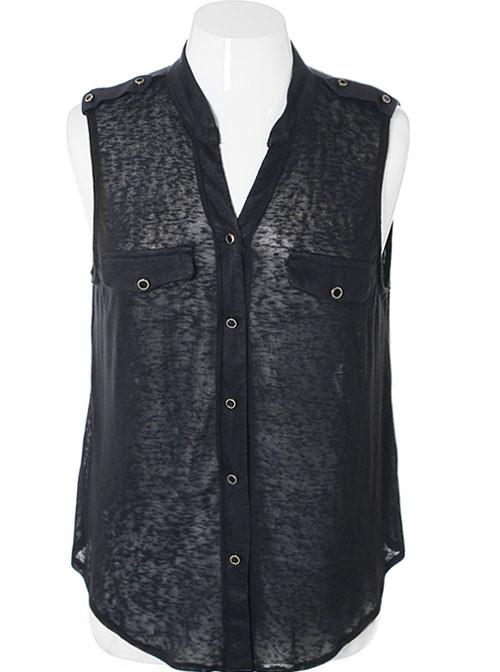 Plus Size Sleeveless Black Button Top