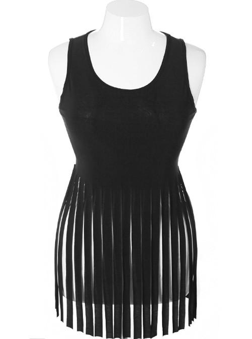 Plus Size Fringe Sexy Black Tank