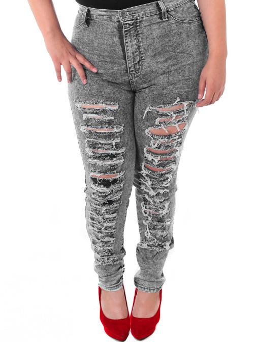 Plus Size High Waist Denim Slashed Grey Jeans