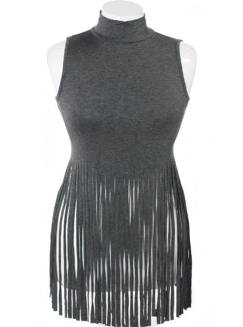 Plus Size Turtle Neck Fringe Charcoal Top