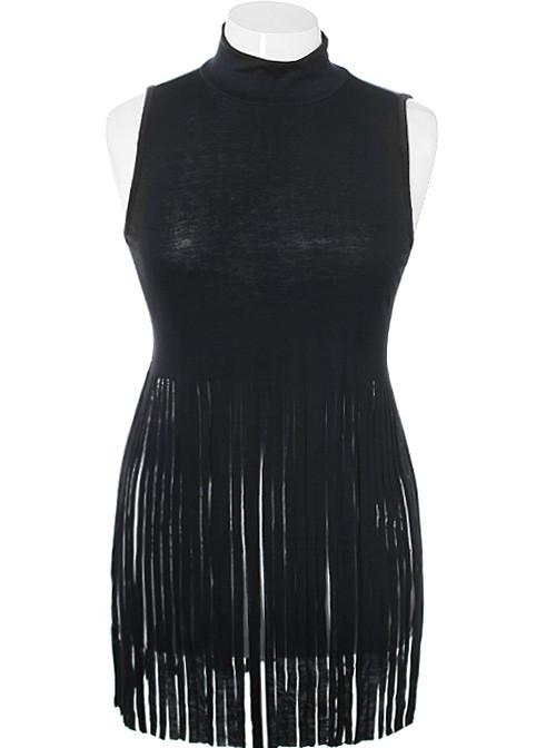 Plus Size Turtle Neck Fringe Black Top