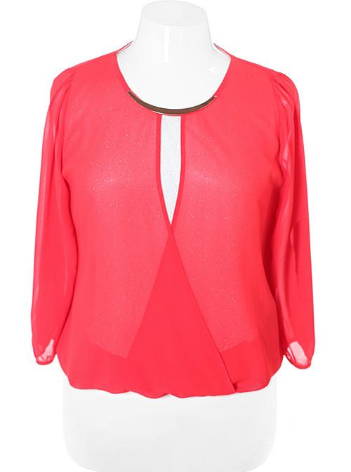 Plus Size Sparkling Sheer Coral Bubble Blouse