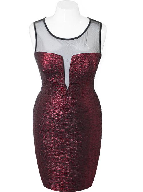 Plus Size Sparkling Scuba Mesh Red Dress