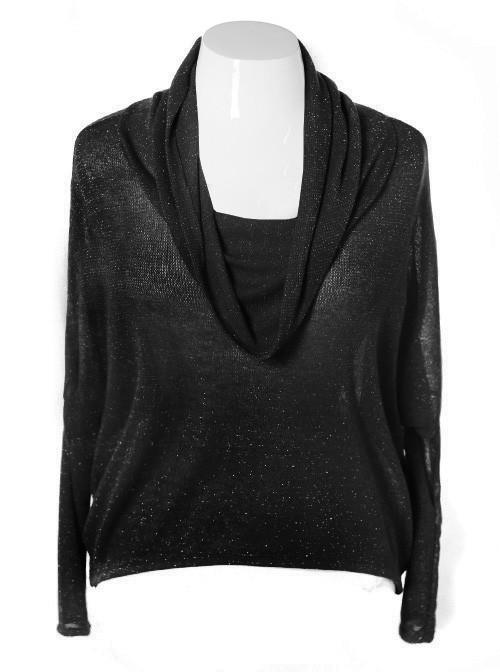 Plus Size Sparkling Cowl Neck Loose Black Top