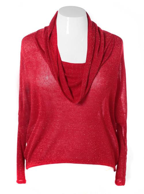 Plus Size Sparkling Cowl Neck Loose Red Top
