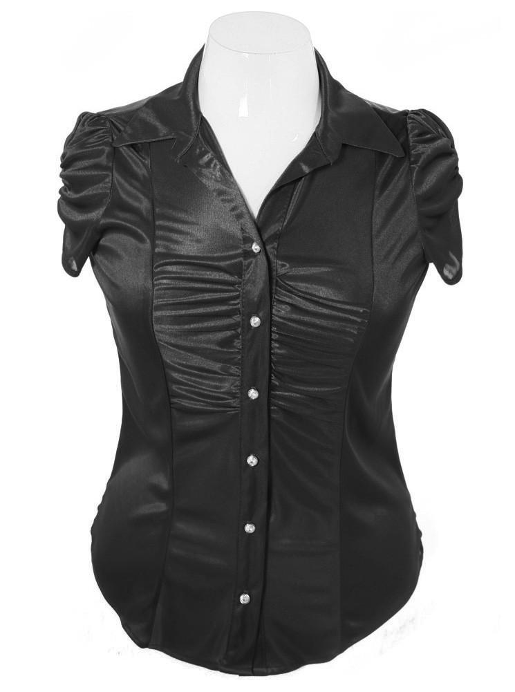 Plus Size Silky Diamond Button Black Blouse